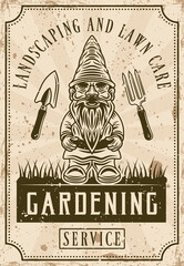 Garden care, landscaping and lawn care poster in vintage style with garden gnome figurine vector illustration