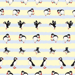 Vector yellow background ocean seabird, arctic birds, puffins. Seamless pattern background
