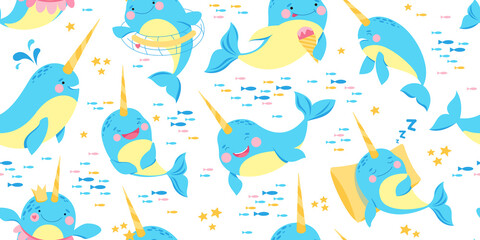Seamless pattern. Narwhal or whale unicorn with funny faces. The cute unicorn of the sea isolated on white background. Undersea world.  
