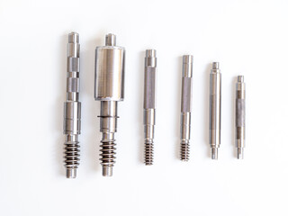 CNC lathe machine production. Precision shafts parts with hight quality top view