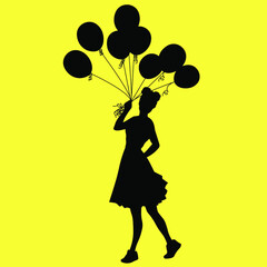 festive background, silhouette of a girl with a bunch of balloons in her hand