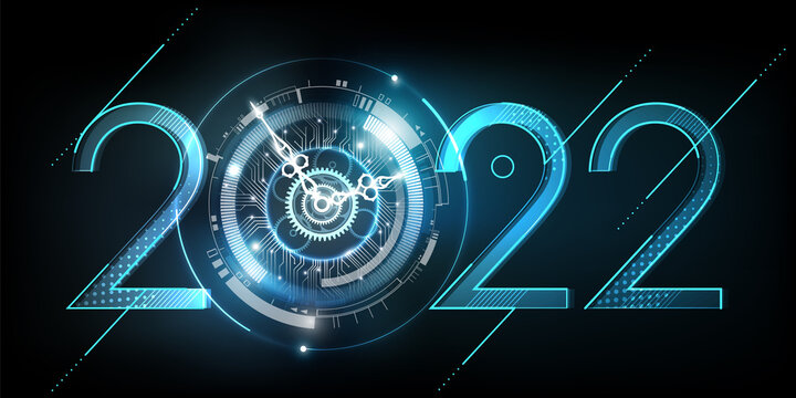 Happy New Year 2022 celebration with white light abstract clock on futuristic technology background, countdown concept, Can rotate clock hands, vector illustration