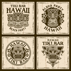 Tiki bar set of four hawaiian style vector brown vintage emblems, labels, badges or logos on background with removable grunge textures on separate layers