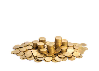 Pile of shiny golden coins on white background.