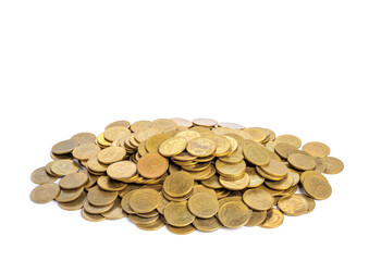 Pile of shiny golden coins on white background.