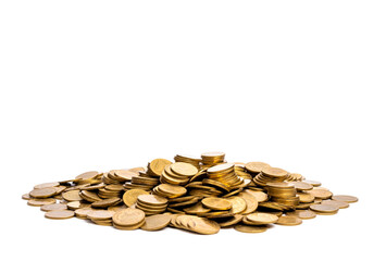 Pile of shiny golden coins on white background.