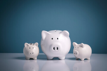 Family pig piggy bank, white ceramic piggy bank on white table on blue background, saving money, financial planning.