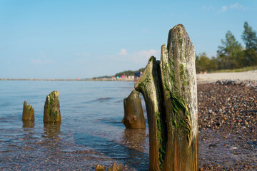 Wellenbrecher am Strand von Kolberg an der polnischen Ostseeküste - obrazy, fototapety, plakaty
