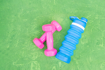 Pair of womens pink matte dumbbells for sports and silicone water bottle on green background.