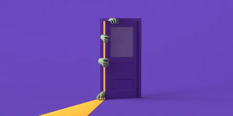 Fotobehang Zombie hands opening a door on Halloween. Copy space. 3D illustration. © Rodrigo