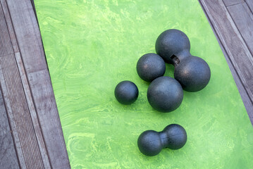 Balls for myofascial release. Equipment for MFR. Self-massage. Myofascial relaxation. Top view