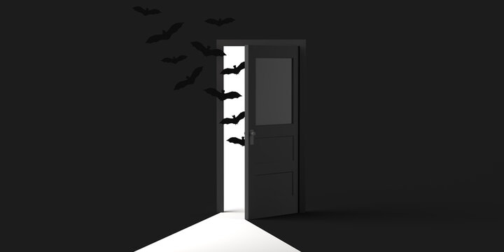 Bats Coming Out Of A Half-open Door On Halloween. Copy Space. 3D Illustration.