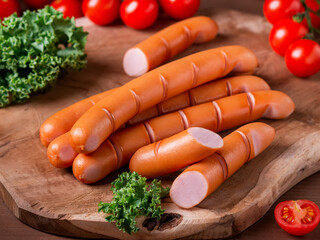 Styled Grilled Frankfurter sausages on wooden board with tomatoes and green herbs