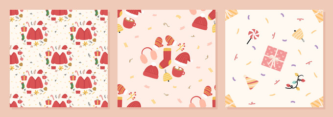 Set of Organic hand drawn christmas seamless pattern vector illustration