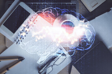 Double exposure of brain drawing over work table desktop. Top view. Global data analysis concept.