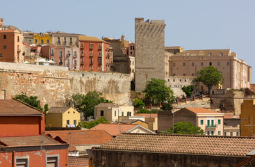 View of the Castello historic district in Cagliari, Italy, with the medieval Elefante tower in the foreground