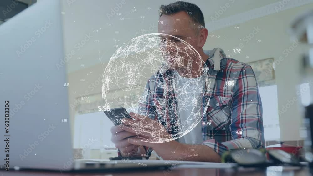 Poster animation of digital globe and data processing over man using smartphone