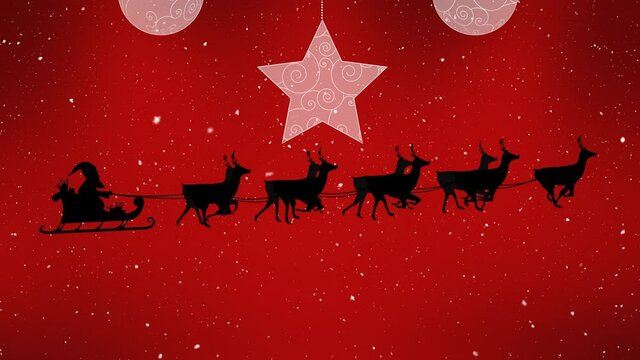 Animation of snow falling over star on red background