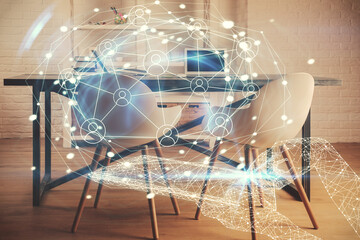 Double exposure of social network theme drawing and office interior background. Concept of web.