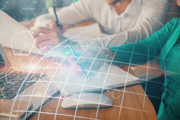 Double exposure of map drawing over people taking notes background. Concept of international connection