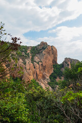 Beautiful Panoramic Views on the mountains from the top of Cap Esterel. Hiking Adventures. Rocky Mountains. Provence, South of France.