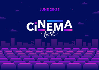Horizontal bright color cinema festival template with color graphic elements and text. Vector illustration. - obrazy, fototapety, plakaty