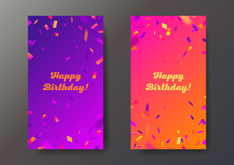 PrintSet of two vertical birthday banners with bright color graphic elements and text. Vector illustration.