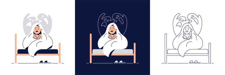 Nightmares in Children vector illustration set. Scared boy hides under blanket from ghost, frightened of monster from bad dream.Childish fears, kids nightmares concept collection for web flat design