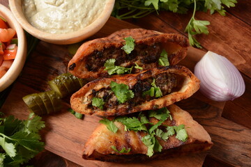 Arayes - kebab in a baked pita. Traditional arab food 