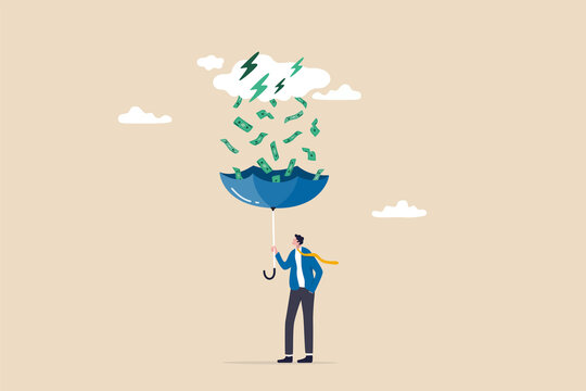 Make money idea, passive income or profit and dividends from stock market investment, financial success concept, rich businessman using umbrella to collect falling money from investment thunderstorm.