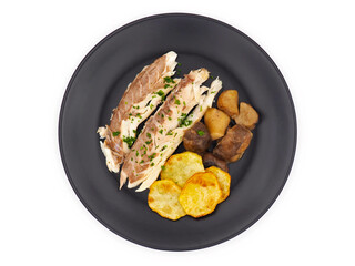 Sea bass fish fillet with potatoes and porcini mushrooms isolated on white background