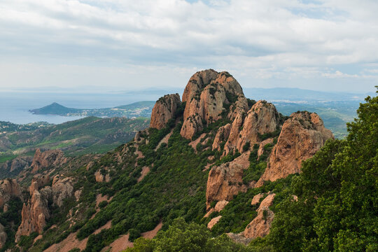Beautiful Panoramic Views on the mountains from the top of Cap Esterel. Hiking Adventures. Rocky Mountains. Provence, South of France.