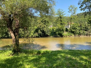 Kupa River and the territory of the neighboring Republic of Slovenia in Brod na Kupi - Gorski kotar, Croatia (Goranska rijeka Kupa i teritorij susjedne Republika Slovenije u Brodu na Kupi - Hrvatska) - obrazy, fototapety, plakaty