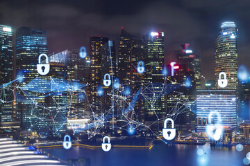 Fototapeta na wymiar Glowing padlock hologram, night panoramic city view of Singapore, Asia. The concept of cyber security to protect companies. Double exposure.