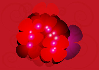 Abstract bright colored flowers on a red background.3d.