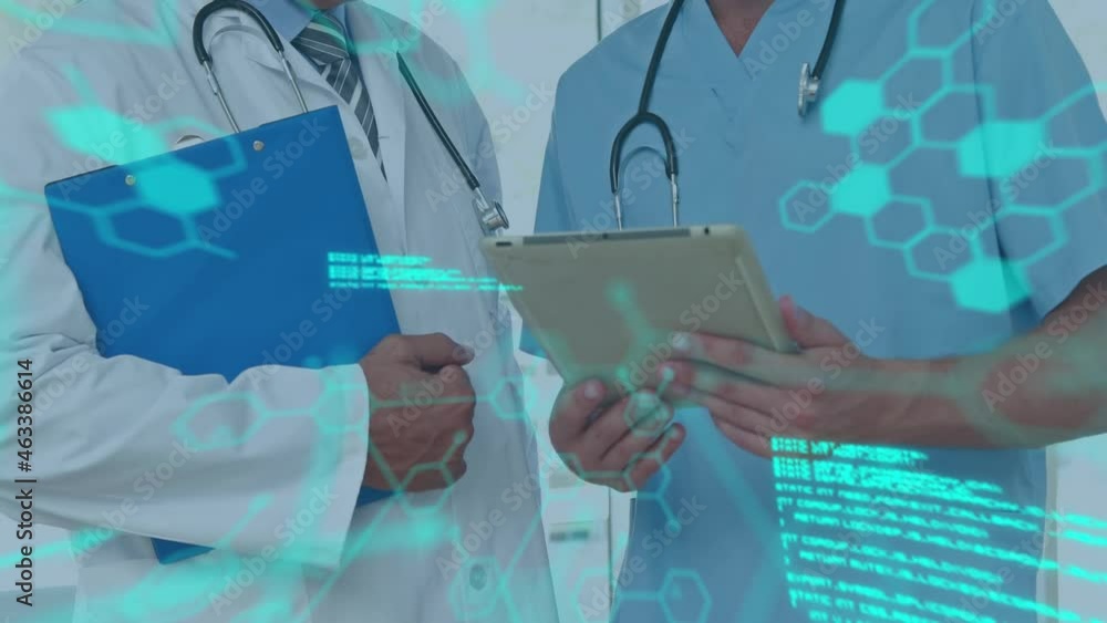 Poster animation of data processing and molecules over doctors using tablet