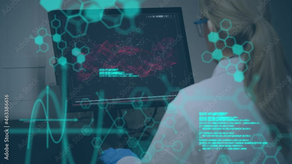 Poster animation of data processing and molecules over female doctor using computer
