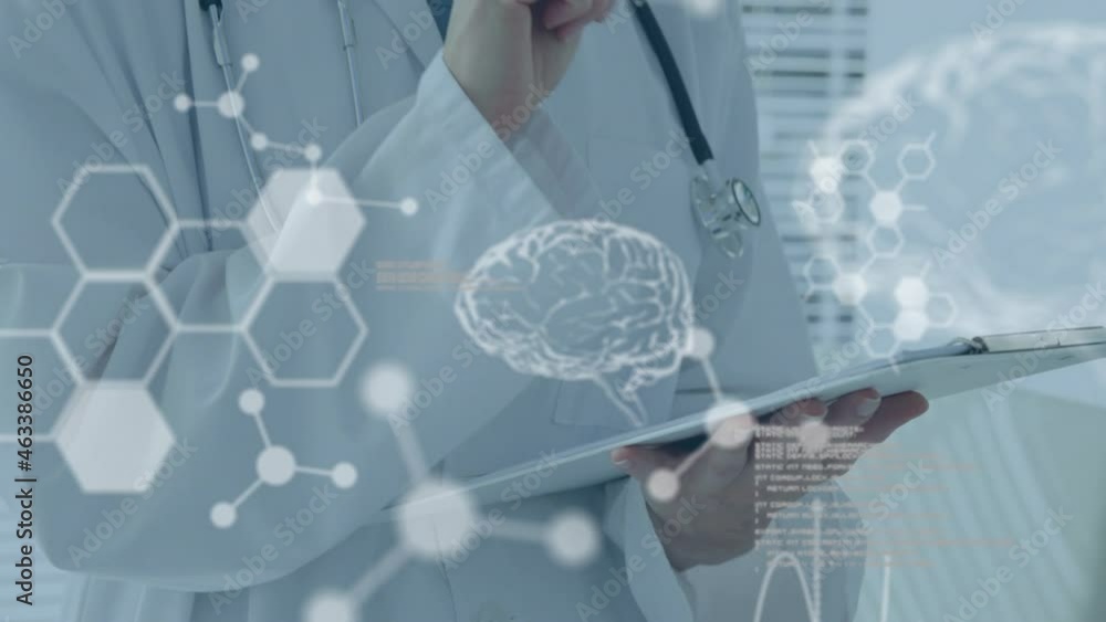Poster animation of data processing, digital human brain model and molecules over doctor taking notes