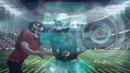 Animation of data processing over diverse male rugby players playing at stadium