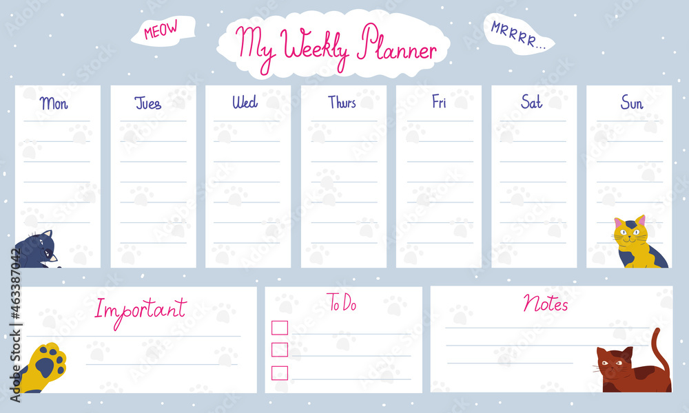 Poster cute to do list. paper agenda page with decoration and weekly planner. memo template. reminder and o