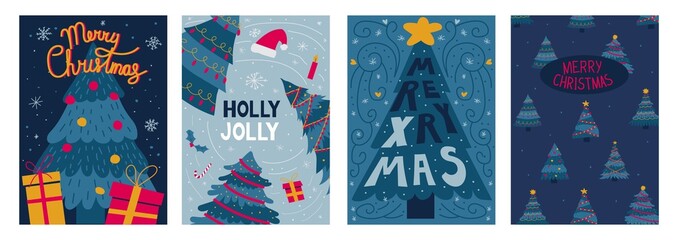 Christmas tree posters. Holiday party invitation and greeting card with doodle drawing of New Year fir. Decorated spruce and presents. Festive banners. Vector Merry Xmas postcards set