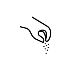 Hand with salt line icon. Editable stroke. Minimal kitchen illustration. Concept of arm sprinkling salt, spices or feeding animals