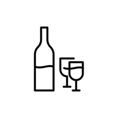 Wine bottle with two glasses line icon. Editable stroke. Minimal kitchen illustration. Concept of simple pictogram for alcoholic bewerage