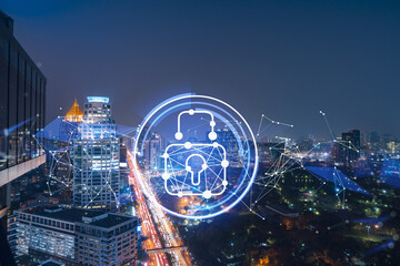 Glowing Padlock hologram, night panoramic city view of Bangkok, Southeast Asia. The concept of cyber security to protect companies. Double exposure.
