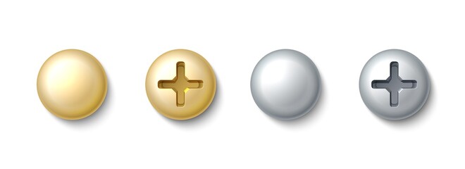 Realistic bolt heads. Stainless steel nails. Golden and silver rivet with cross carving. Metal nut cap. Isolated glossy screw top. Metallic hardware elements. Vector construction tools set