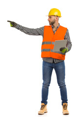 Foreman in yellow helmet and reflective waistcoat is directing. Full length isolated on white background.