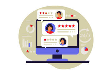 Customer review concept. User feedback. Evaluation of an employee. Star rating. Vector illustration. Flat.