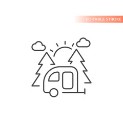 Camper trailer in nature with trees and sun. Camping line vector icon, outline caravan.