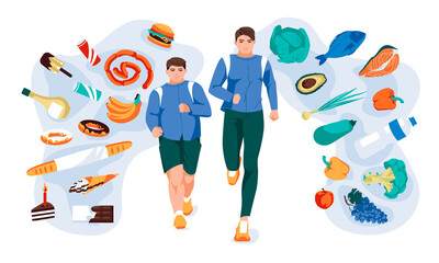 Running men with different set of healthy and fast food environment. Motivation methaphor flat vector illustration