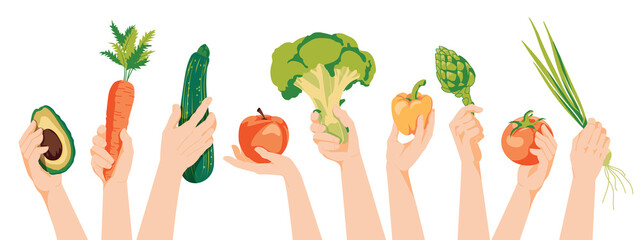 Different human hands holding fuits and vegetables. Concept harvest, agriculture, vegetarian flat vector illustration